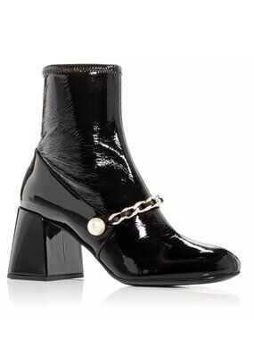 NWT Miu Miu Ankle Boots Black Patent Leather Pearl Accent Block High Heels 34.5